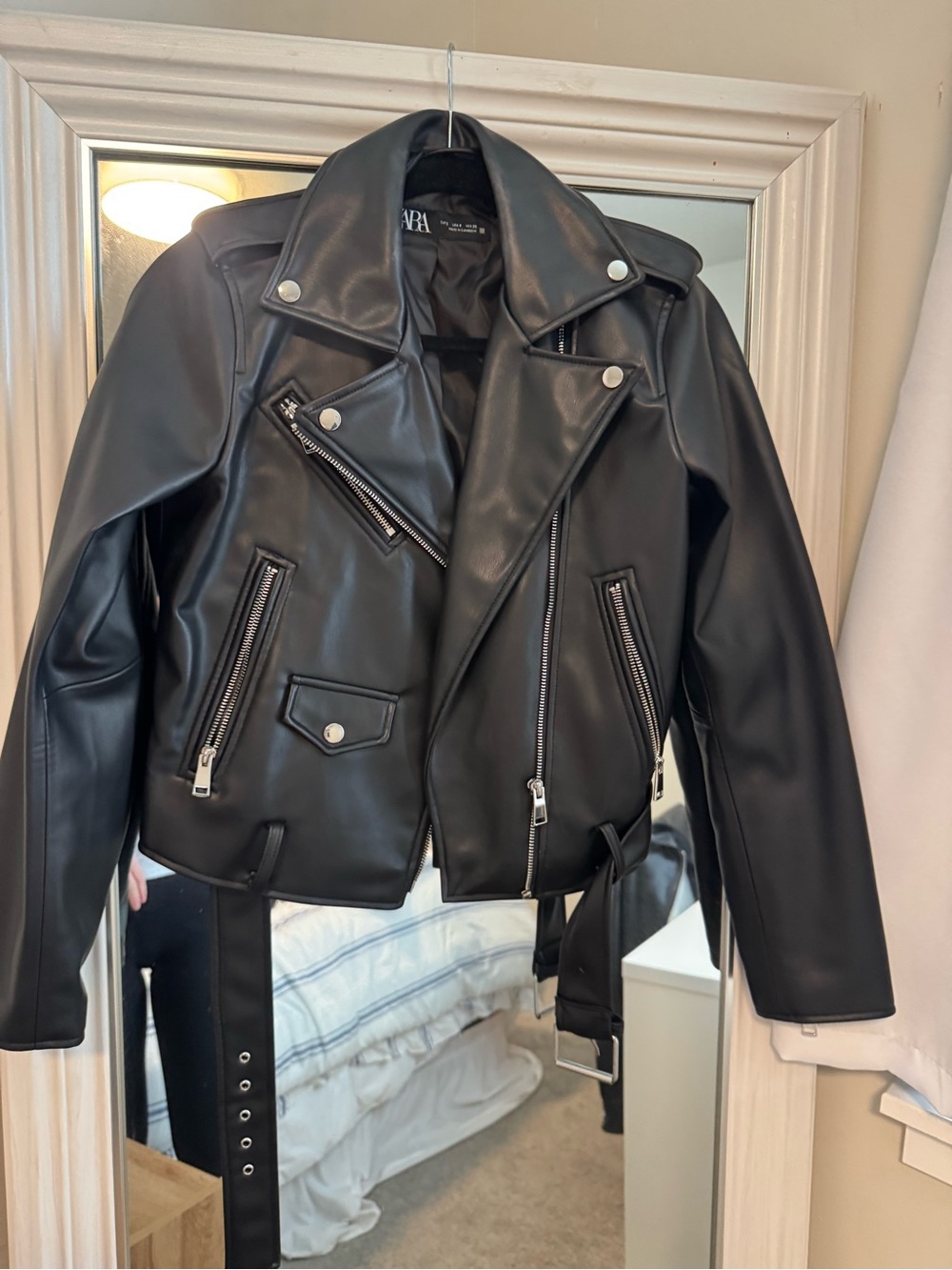 ZARA Black Faux Leather Biker Jacket with Belt